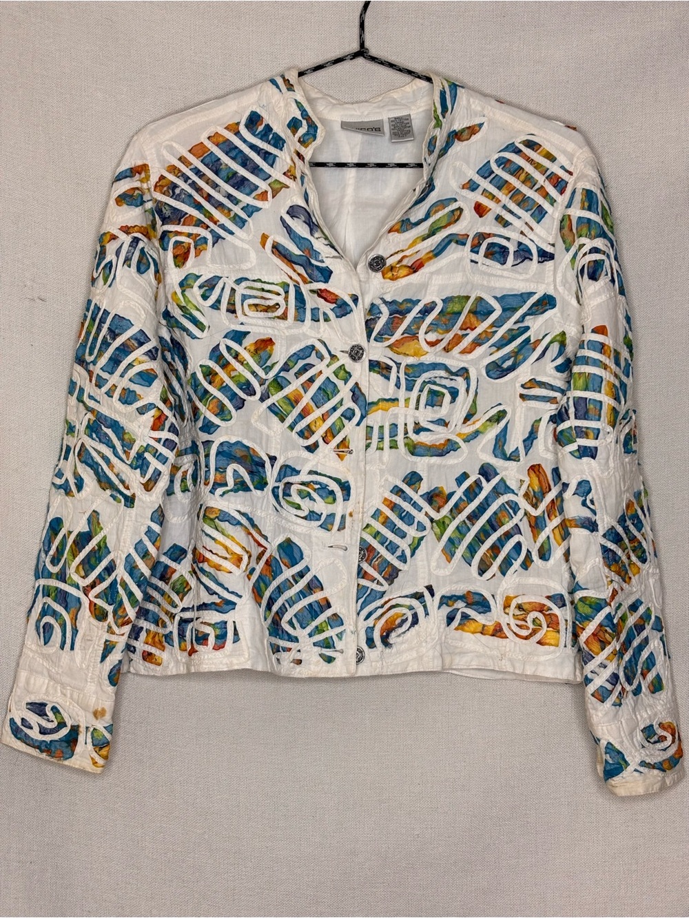 Chico’s Colorful Embroidered Art Wear Cotton Jacket Size 0